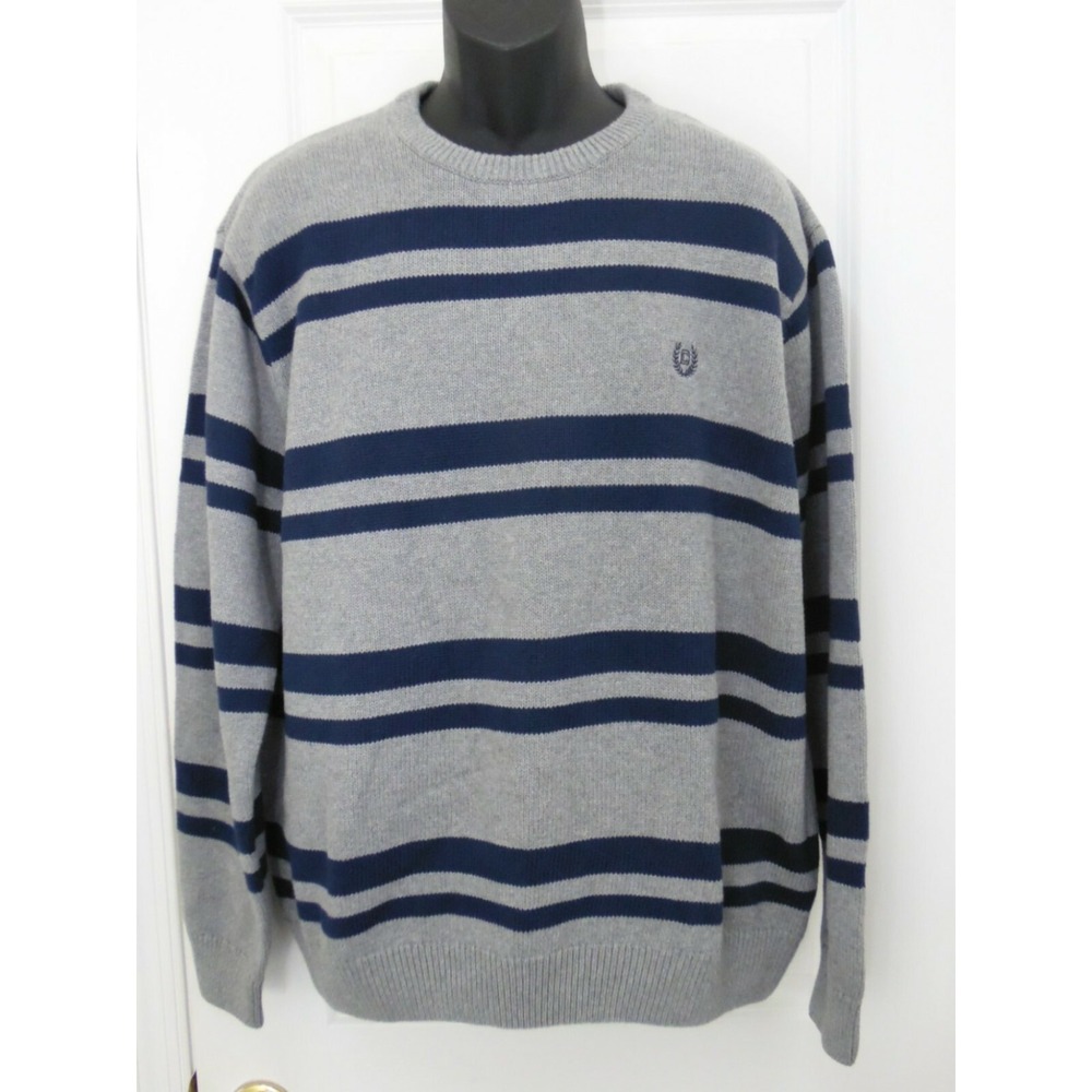 Chaps Mens Striped Crew‎ Neck Sweater, Gray & Blue Knit Pullover